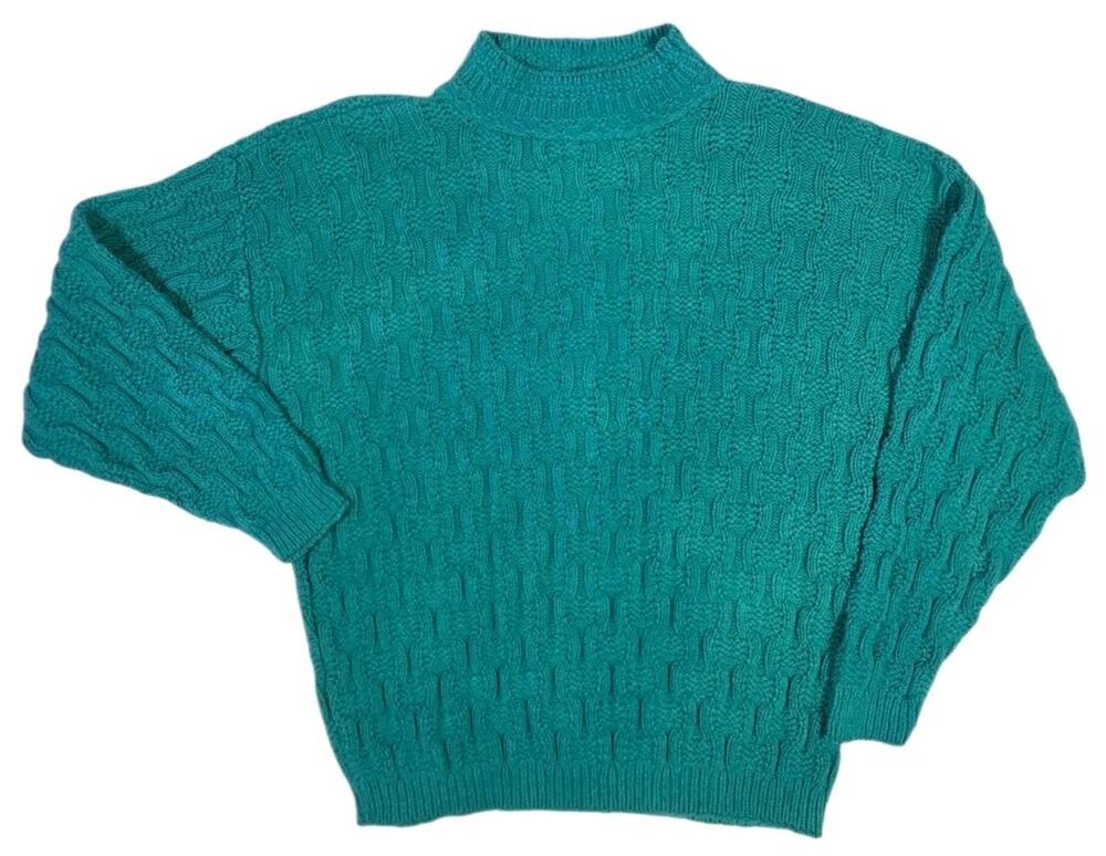 Vtg Un Deux Trios Cable Knit Sweater Mock Neck USA Casual 80s 90s Green Small